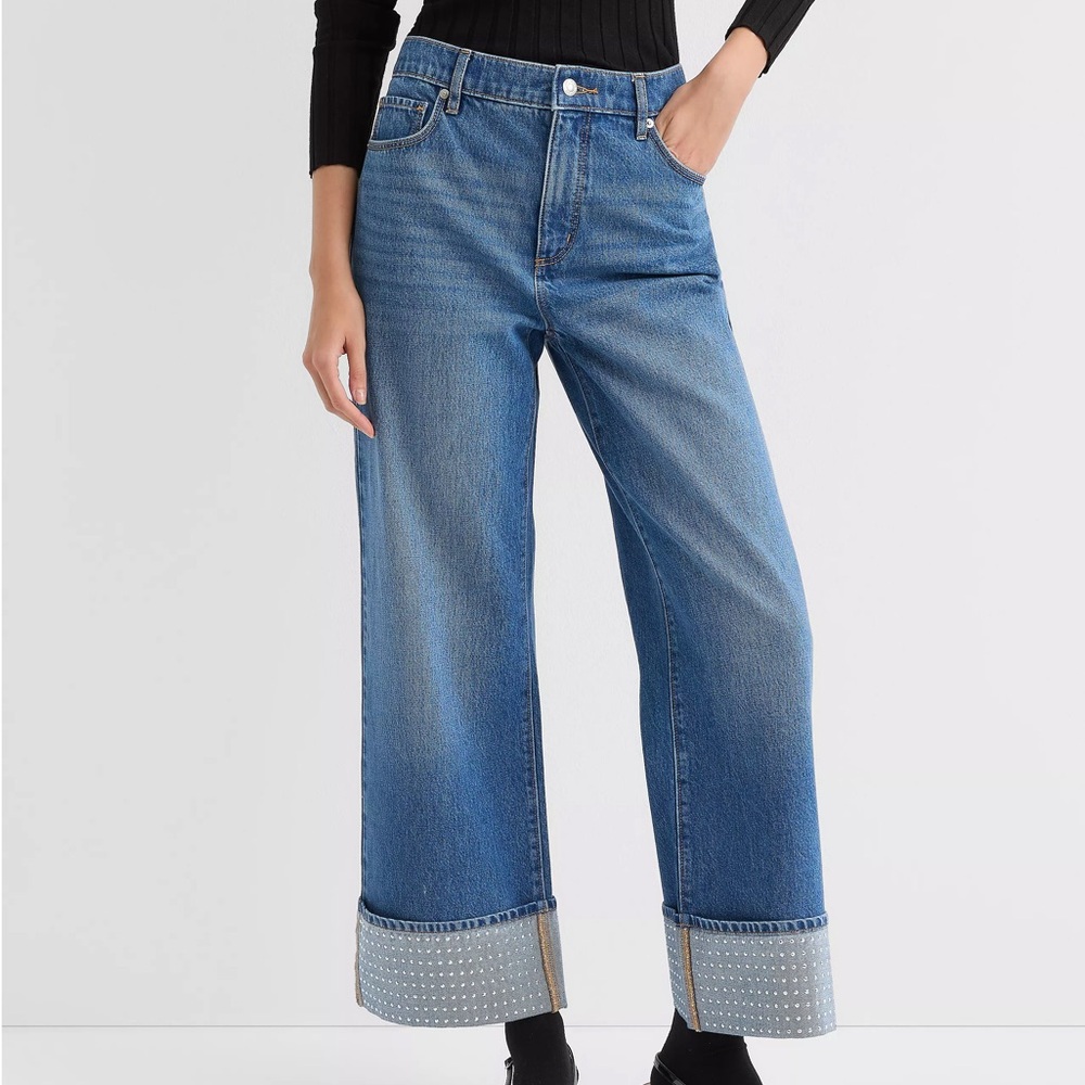 Wide-Leg Denim Jeans with Embellished Cuffs